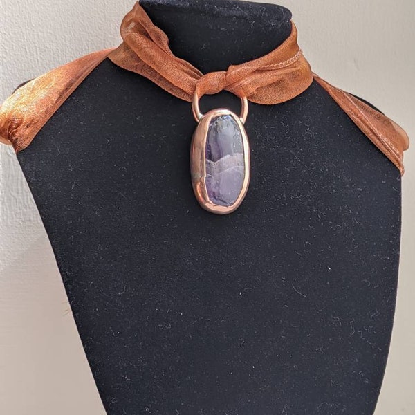 Copper Statement Pendant with Oval Amethyst cabochon gemstone, open backed bezel handmade handpolished jewelry