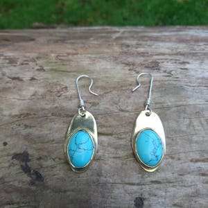Oval disc brass statement earrings with oval Howlite/Imitation turquoise cabochon gemstones with 925 Sterling Silver findings