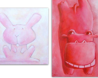 peinture sur toile Mariette la lapine ou Odile l'hippopotame rose