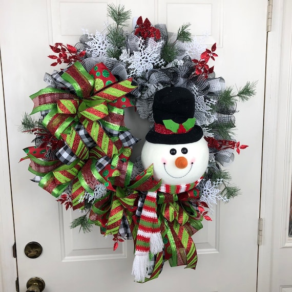 Christmas Decor Winter Snowman Holiday Snowman Snowman Door Decor Snowman Wreath Front Door Snowman Snowman Decor Buffalo Check Decor