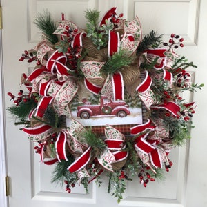 Red Truck Wreath, Farmhouse Truck, Rustic Christmas, Vintage Wreath, Farmhouse, Red Truck Christmas Wreath, Christmas Wreath for Front Door,