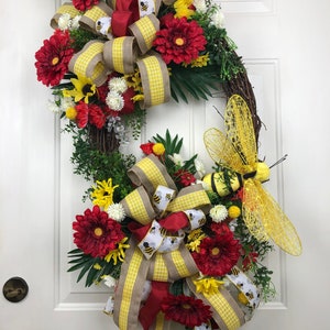 Bumble Bee Wreath, Bumblebee Front Door Wreath, Red Gerber Wreath ...
