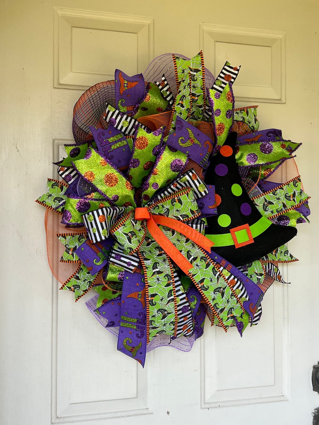 Black Witch Hat Wreath for Front Door, Deco Mesh Halloween Wreath for ...