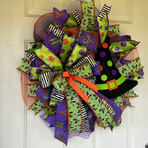 Black Witch Hat Wreath for Front Door, Deco Mesh Halloween Wreath for Front Door, Harvest Wreath, Wickedly Cute Witch Hat Happy Halloween