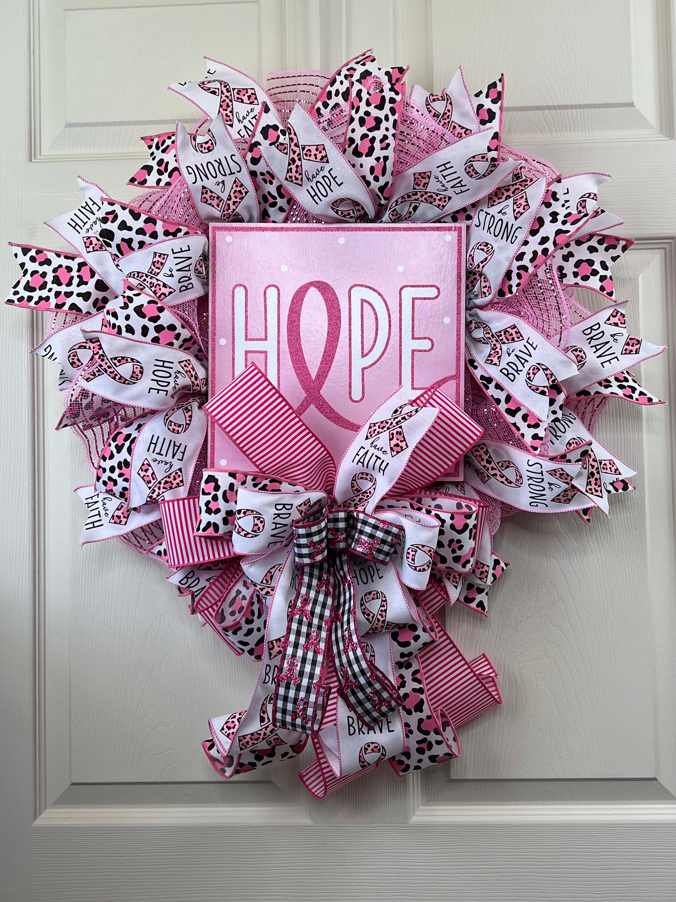 Breast Cancer Awareness Wreath for Front Door, Pink and White Deco Mesh
