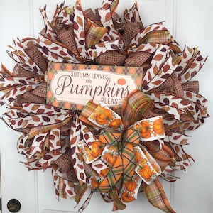Autumn Wreath for Front Door, Deco Mesh Fall Wreath for Front Door, Pumpkin Wreath, Thanksgiving Pumpkin Wreath, Harvest Wreath