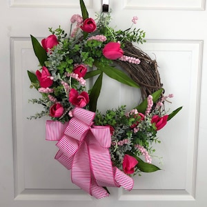 Tulip Wreath, Hot Pink Wreath, Spring Welcome Wreath for Front Door, Summer Wreath for Front Door, Pink Tulip Grapevine Wreath,