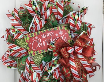 Christmas Front Door Wreath, Holiday Front Door, Whimsical Holiday Wreath, Deco Mesh Christmas Wreath, Merry Christmas Wreath