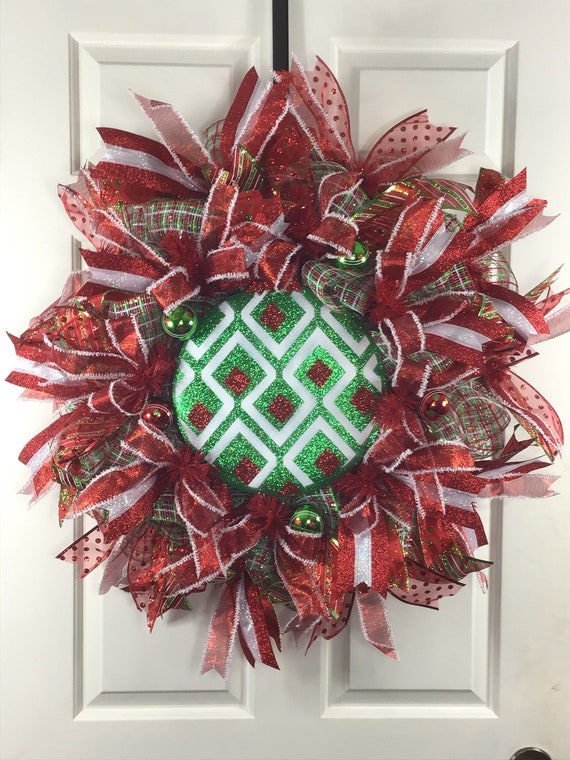 Christmas Ornament Wreath Red Green And White Christmas Etsy