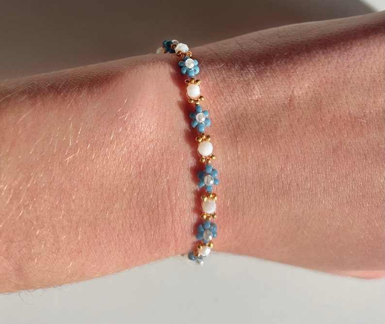 Blue and Gold Flower Beaded Bracelet Etsy