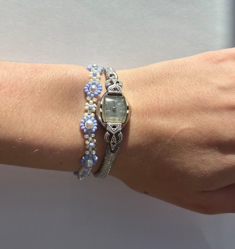 Blue and Pearl Flower Beaded Bracelet Etsy