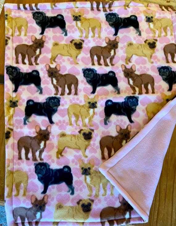Handmade Fleece Pet Blanket: Pink Pug Design, Medium Dog Blanket