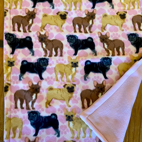 Handmade Fleece Pet Blanket: Pink Pug Design, Medium Dog Blanket