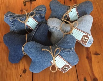 Upcycled denim dog toy, tough dog toy, dog gift, dog bone toy, upcycled pet toy
