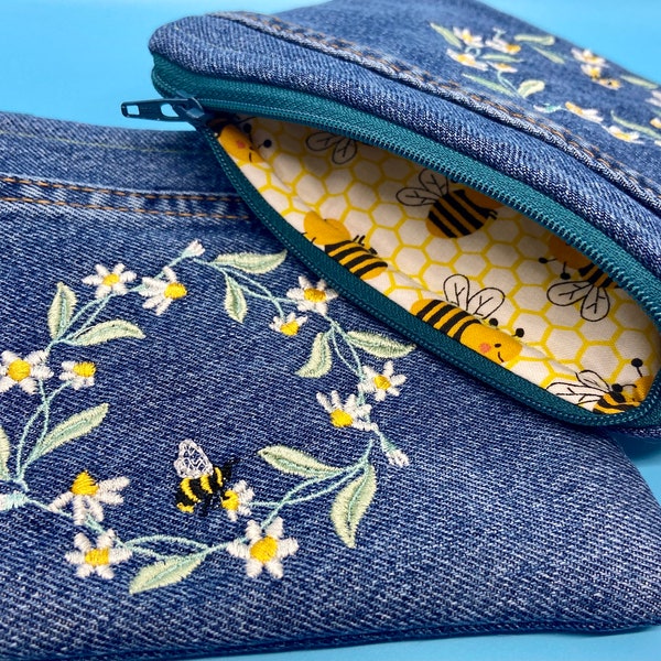 Upcycled Denim Bee Makeup Bag - bee lover gift - nature lover gift - handmade lined pouch for makeup or accessories