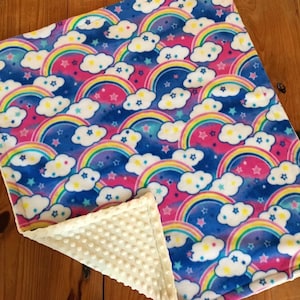 Rainbow Baby Blanket - Rainbow clouds fleece and minky baby blanket and hat set