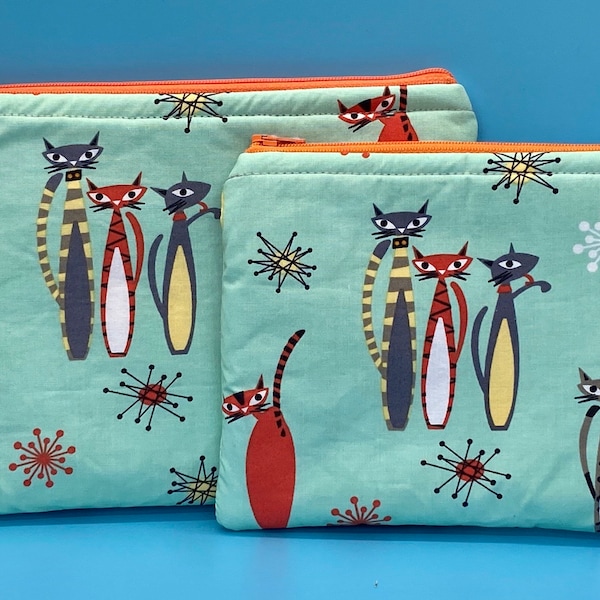 Trousse de maquillage moderne du milieu du siècle, cadeau pour amoureux des chats, cadeau pour maman chat, chats MCM, pochette à fermeture éclair, Atomic Tabby, pochette à fermeture éclair pour chat, sac pour chat, trousse de maquillage pour chat