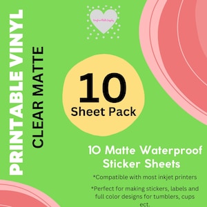 May include: A pack of 10 matte waterproof sticker sheets. The sheets are 8.5 inches by 11 inches and are compatible with most inkjet printers. The sheets are perfect for making stickers, labels, and full color designs for tumblers, cups, and more.