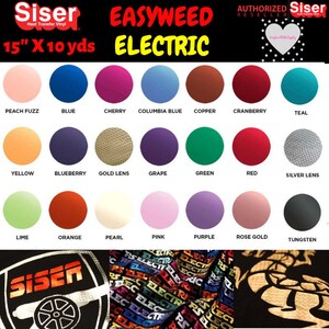 May include: A colour chart of 18 different colours of Siser EasyWeed Electric heat transfer vinyl. The colours are arranged in three rows of six colours each. The colours are: Peach Fuzz, Blue, Cherry, Columbia Blue, Copper, Cranberry, Teal, Yellow, Blueberry, Gold Lens, Grape, Green, Red, Silver Lens, Lime, Orange, Pearl, Pink, Purple, Rose Gold, and Tungsten.