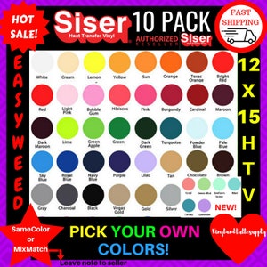 May include: A pack of 10 heat transfer vinyl sheets in various colors. The colors are arranged in a grid with the names of each color listed below. The text "Siser 10 Pack" is at the top of the image. The text "EASYWEED" is on the left side of the image. The text "12 X 15 HTV" is on the right side of the image. The text "PICK YOUR OWN COLORS!" is at the bottom of the image.
