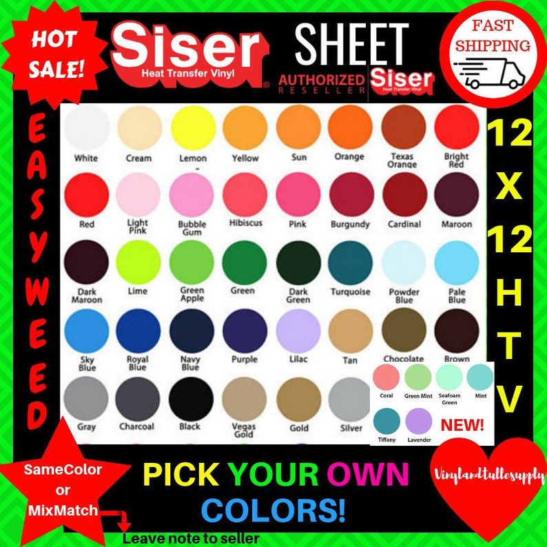 Puede incluir: Una carta de colores de vinilo de transferencia de calor en una variedad de colores, incluyendo blanco, crema, amarillo lim&oacute;n, naranja sol, naranja de Texas, rojo brillante, rojo, rosa claro, chicle, hibisco, rosa, burdeos, cardenal, marr&oacute;n, marr&oacute;n oscuro, lima, manzana verde, verde, verde oscuro, turquesa, azul polvo, azul p&aacute;lido, azul cielo, azul real, azul marino, morado, lila, marr&oacute;n, chocolate, marr&oacute;n, coral, menta verde, verde espuma de mar, menta, gris, carb&oacute;n, negro, oro Vegas, oro, plata, tiffany y lavanda. La carta est&aacute; etiquetada como "Siser Sheet Revendedor Autorizado" y "EasyWeed".