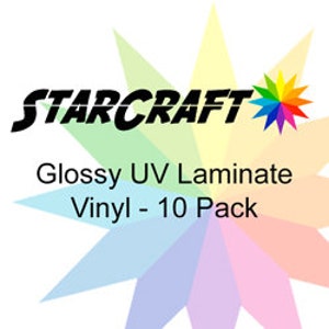 May include: A 10-pack of glossy UV laminate vinyl sheets. The sheets are clear and have a glossy finish. StarCraft is printed on the sheets.