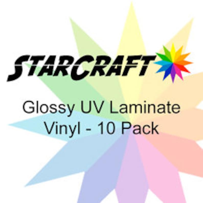 May include: A 10-pack of glossy UV laminate vinyl sheets. The sheets are clear and have a glossy finish. StarCraft is printed on the sheets.