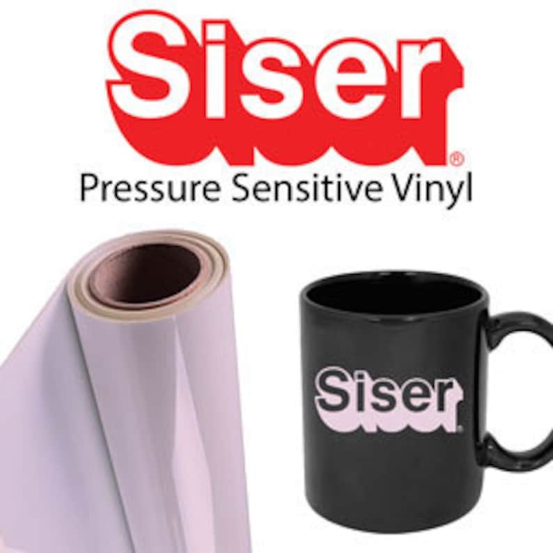 May include: A roll of white Siser Pressure Sensitive Vinyl, a brand of heat transfer vinyl, next to a black mug with the Siser logo printed in pink heat transfer vinyl.