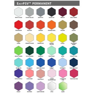May include: A color chart with 36 different paint colors in hexagon shapes. The colors are arranged in rows and columns, with each color labeled with a name. The chart is titled "EasyPSVTM PERMANENT".