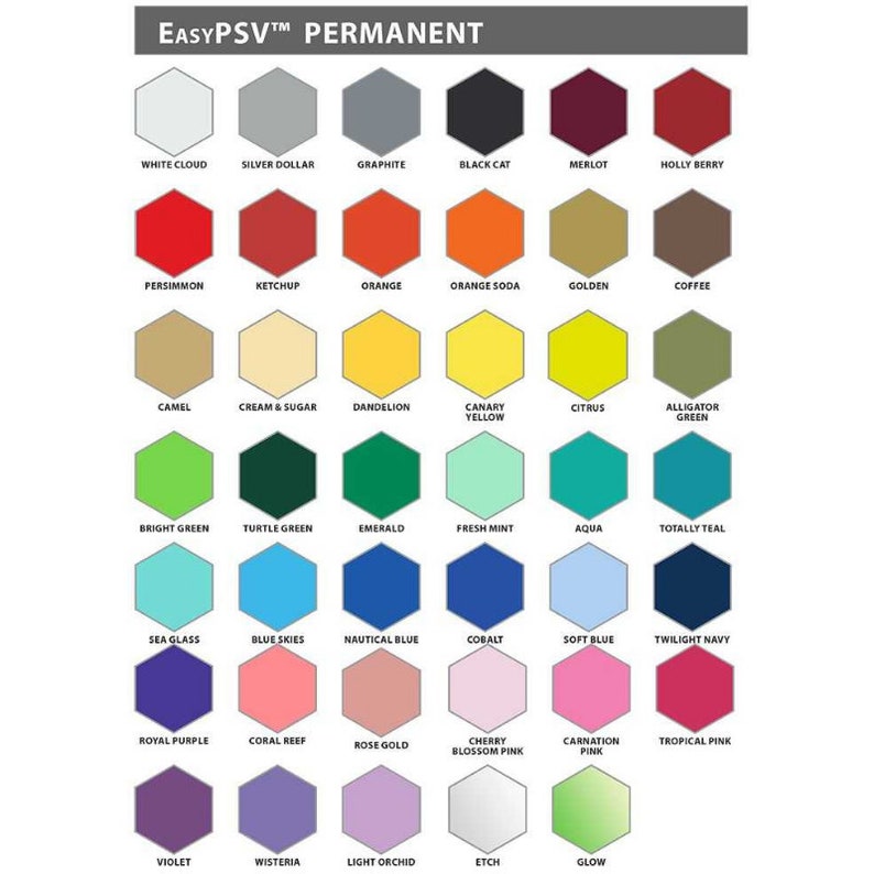 May include: A color chart with 36 different paint colors in hexagon shapes. The colors are arranged in rows and columns, with each color labeled with a name. The chart is titled "EasyPSVTM PERMANENT".