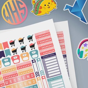 May include: A set of colourful planner stickers featuring a variety of designs, including shopping carts, scales, water drops, hearts, arrows, and the words "Hydrate" and "Weekend".