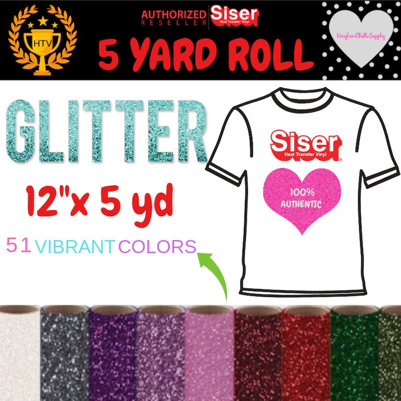 GLITTER 7 COLORS Siser Heat Press Transfer Vinyl KIT for fabrics 20/" x 36/" each