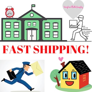 May include: Illustration of a green school building with a red alarm clock on top, a mail carrier running with a letter, and a yellow house with a smiling face. The text "FAST SHIPPING!" is in red letters.
