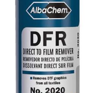 May include: A white and blue AlbaChem DFR Direct to Film Remover bottle. The label includes the text "Removes DTF graphics from all textiles" and "No. 2020". The bottle contains 20 fl. oz. (591 ml) of liquid.