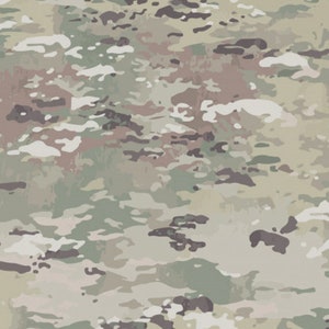 May include: A camouflage pattern with shades of green, brown, and beige. The pattern is made up of irregular shapes and lines.
