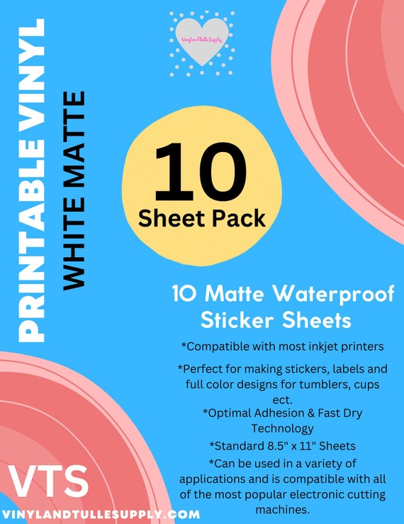 Matte Inkjet Printable Vinyl Sticker Paper | Waterproof, 8.5x11" (10-Pack)