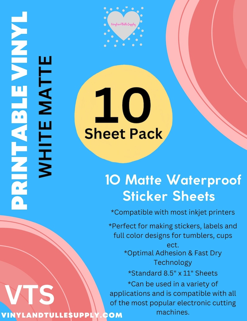 May include: A pack of 10 white matte waterproof sticker sheets. The sheets are 8.5 inches by 11 inches and are compatible with most inkjet printers. The sheets are ideal for making stickers, labels, and full-colour designs for tumblers, cups, and more.