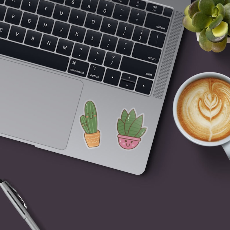 May include: Two cute cartoon stickers of potted plants on a silver laptop. The cactus sticker has a green cactus with a brown pot and a smiling face. The succulent sticker has a green succulent with a pink pot and a smiling face.