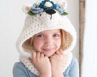 PDF Crochet Pattern Polar Bear Hooded Cowl w Flowers - Crocheted Animal Hat - Gift Idea for Women, Girls and Toddlers- Easy Beginner Scarves
