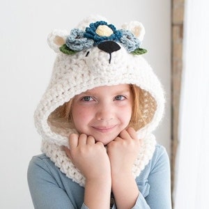 PDF Crochet Pattern Polar Bear Hooded Cowl w Flowers - Crocheted Animal Hat - Gift Idea for Women, Girls and Toddlers- Easy Beginner Scarves