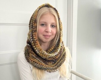 PDF Crochet Pattern - Hooded Cowl - Fall, Autumn Scarf - Beginner Friendly Crocheted Scarves - Boho, Bohemian, Trendy Snood, Scoodie Pattern