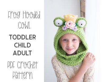 PDF Crochet Pattern - Frog Cowl Scarf with Hood - Animal Hat - Princess Hat for Women, Girls and Toddlers - Easy Beginner Crocheted Gift