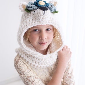 PDF Crochet Pattern Polar Bear Hooded Cowl w Flowers Crocheted Animal Hat Gift Idea for Women, Girls and Toddlers Easy Beginner Scarves image 3