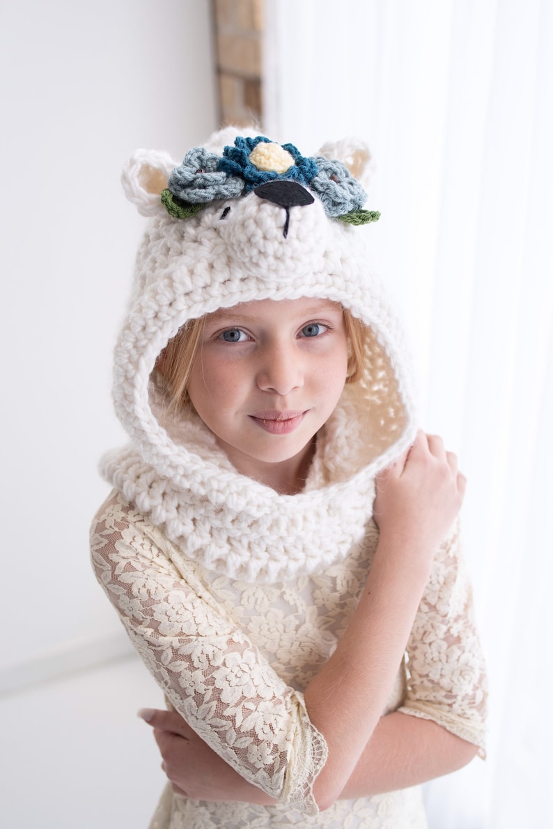 PDF Crochet Pattern Polar Bear Hooded Cowl w Flowers Crocheted Animal Hat Gift Idea for Women, Girls and Toddlers Easy Beginner Scarves image 3