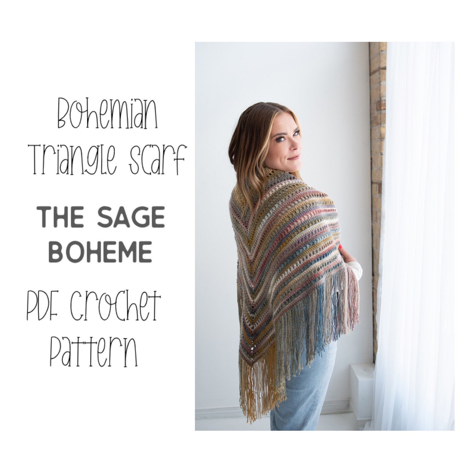 PDF Crochet Pattern - Bohemian Triangle Scarf - Boho Crocheted Wrap ...