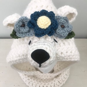 PDF Crochet Pattern Polar Bear Hooded Cowl w Flowers Crocheted Animal Hat Gift Idea for Women, Girls and Toddlers Easy Beginner Scarves image 2