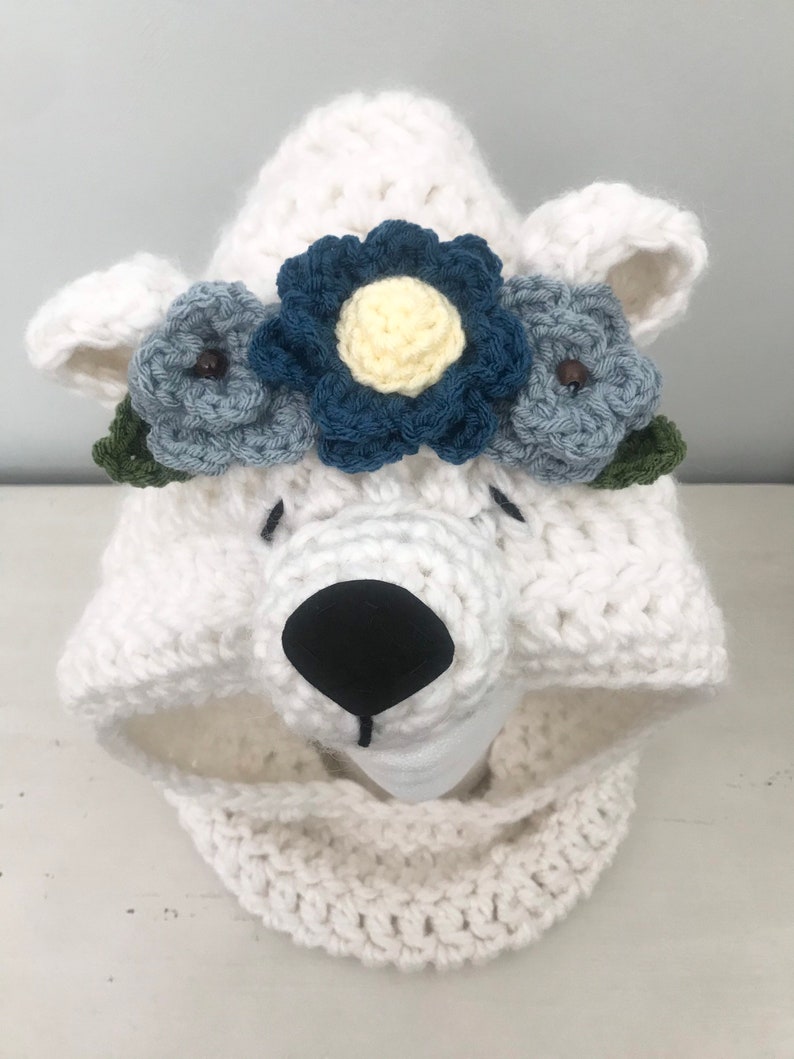 PDF Crochet Pattern Polar Bear Hooded Cowl w Flowers Crocheted Animal Hat Gift Idea for Women, Girls and Toddlers Easy Beginner Scarves image 2