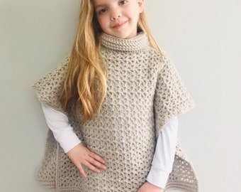 Girl's Crocheted Poncho - Turtleneck Pullover - Handmade Vest for Girl's - Children's Clothing - Warm and Cozy Clothing - Gray Ruana Sweater