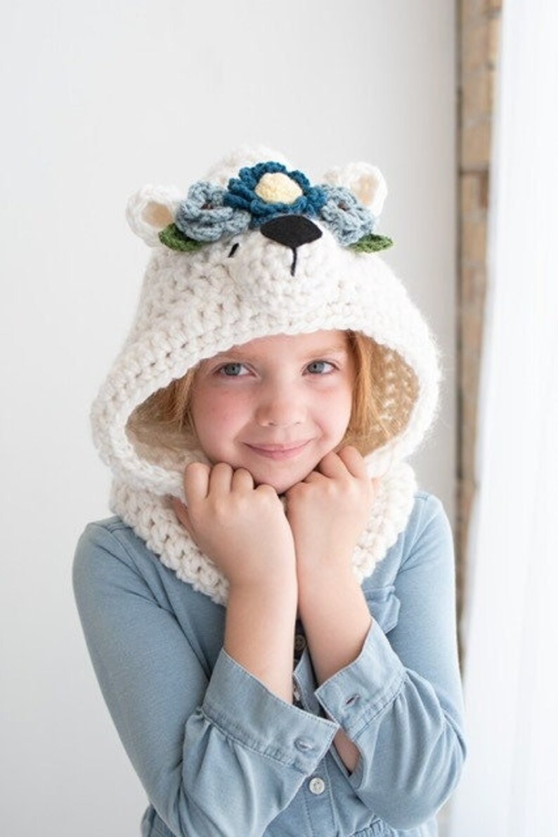 PDF Crochet Pattern Polar Bear Hooded Cowl w Flowers Crocheted Animal Hat Gift Idea for Women, Girls and Toddlers Easy Beginner Scarves image 1