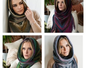 4 PDF Crochet Patterns - Hooded Cowls - Bandana Scarves with Hoods - Boho, Bohemian Style - Trendy Snoods - Hippy Clothing for Her - Gifts